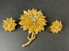Vintage Erwin Pearl Brooch Earrings Set Gold Tone Floral Rhinestone Signed