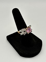 Vintage 1980s Yellow Gold Over Silver Pink Topaz Cubic Zirconia Cocktail Ring.
