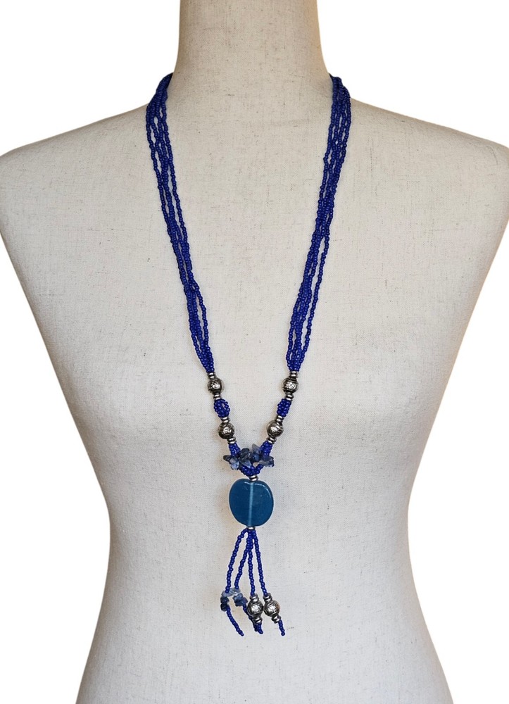 Vintage Glass Beaded Tassel Necklace Blue Native Boho Sodalite Southwestern