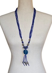 Vintage Glass Beaded Tassel Necklace Blue Native Boho Sodalite Southwestern