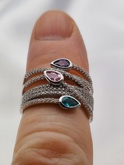 Vintage PJM 6Band Sterling Crystal Muti Color Pear Cut Gemstones Ring 5.9Gr Sz8
