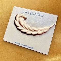 Feather Brooch NOS 18Kt Gold Plated Hand Engraved Mid Century Pin