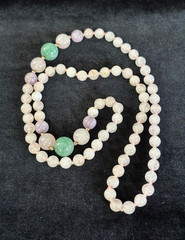 Vintage ROSE QUARTZ JADE Knotted Graduated 7mm-12mm Bead Rope Necklace 30″