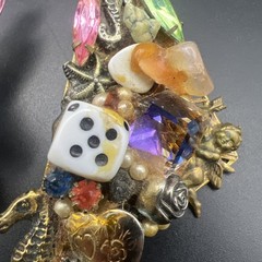 Vintage Handmade Assemblage Clip On Earrings Seahorse Dice Rhinestone Charms