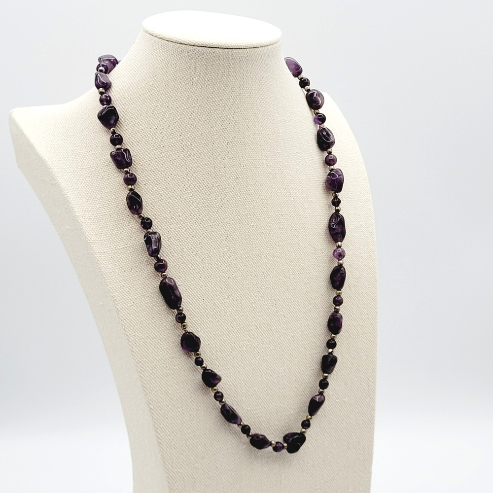 Vintage Amethyst Beaded Necklace Purple 24″ Brass Spacer Beads Natural Nuggets