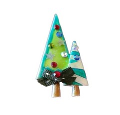 Retro Style AJMC Silver Tone Christmas Trees Pin Brooch 2.5 In. Whimsical Artsy