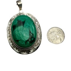 Sterling Silver & Malachite Statement Artisan Pendant Chain Necklace Handmade