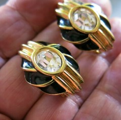 Swarovski Earrings Pierced Clear Crystal Black Enamel in Gold Tone Metal [4701]