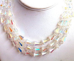 Haskell? AB triple strand,crystal,tapered baguette,vintage necklace,earrings,set