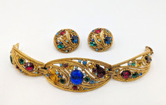 Vtg 50s La Roco Goldtone Filigree Multi-Color Rhinestone Bracelet & Earrings Set