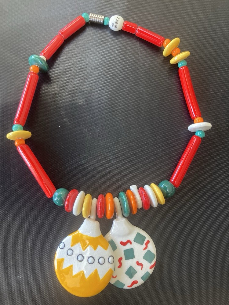 Ruby Z Necklace Candace Loheed Colorful Ceramic 20″ Beaded Chunky Xmas **BROKEN*
