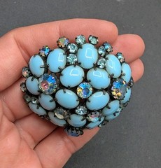 Vintage Unsigned Domed Milk Blue AB Rhinestone Flower Prong Cluster Pin Brooch