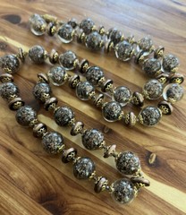 Antique Vintage Venetian Murano Art Foiled Glass Necklace Black Copper 26in