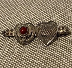 VICTORIAN 800 SILVER PIN Ornate Filigree Hearts Red Handmade Heart