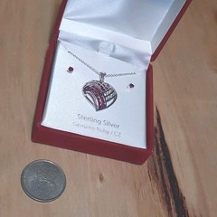 Genuine Ruby Cubic Zirconia Heart Pendant Necklace Earring Set Sterling A57 New