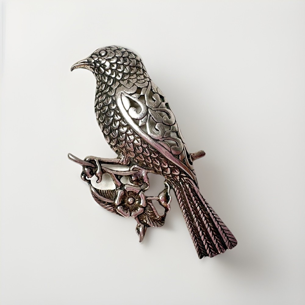 Jezlaine Sterling Silver Bird on Flower Brooch Pin, Signed