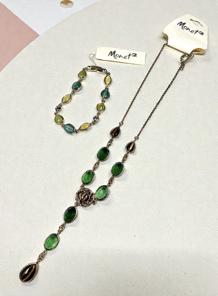Monet 2 green and yellow glass bead Y necklace + Similar bracelet W Tags 14”