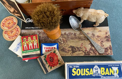 Vntg. Junk Drawer Lot Cigar Box Bakelite Brush,Flask,Pep Boy’s Matches Spoons —