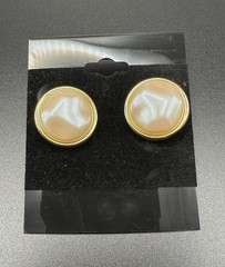 Vintage Monet White Faux Pearl Gold Tone Bezel Stud Button Clip On Earrings 3/4″