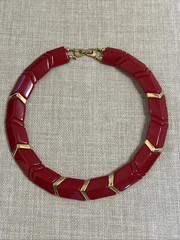 Vintage Red Acrylic Lucite Plastic Choker Collar Red Chevron Gold Necklace Fold