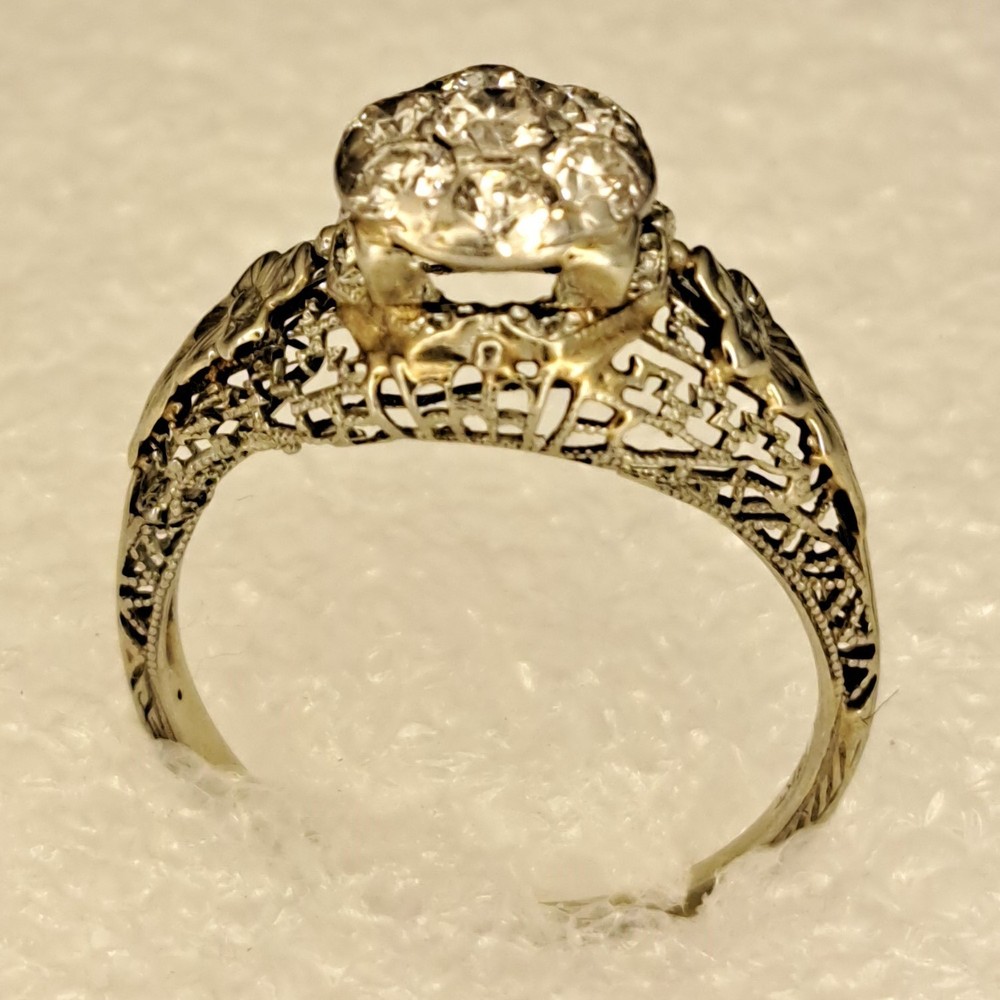 Antique 18K White Gold Diamond Cluster Filigree Engagement Ring Edwardian? Deco?
