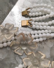 Glorious! Multi Strand MILK GLASS 30″ Necklace w/Frosted Acrylic Flower Accents!