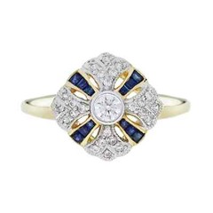 Art Deco Style Lab Created Diamond Sapphire Wedding Ring 14K Yellow Gold Finish