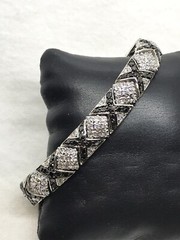 Vintage Silver tone Onyx & Clear Cubic Zirconia X Design Tennis Bracelet 7″