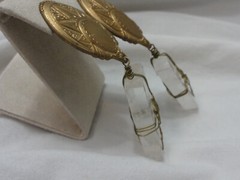 Vintage Clip On EARRINGS Clear Rock Crystal Stone Drop / Dangle GOLD TONE