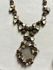ELEGANT, UNIQUE GSJ Sterling Silver Mother Of Pearl, Marcasite Necklace 63GR