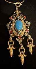 Celebrity NY Gold Tone Faux Turquoise Cabochon Red Rhinestone Pendant Necklace