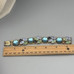 Vintage Bracelet Opaline Navette Glass Cabochon Rhinestone Gold Tone 6.5″ READ