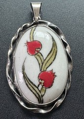 Vintage 925 Sterling Silver Hand Painted Porcelain Floral Pendant 14.84g Oval