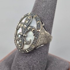 CFJ Collins Sterling Silver Fleur-De-Lis Ring Mother-Of-Pearl & Marcasite 8.25