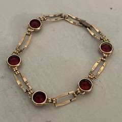 VTG Simmons Art Deco Bracelet Red Faceted Glass 10k Gold Filled Links Signed