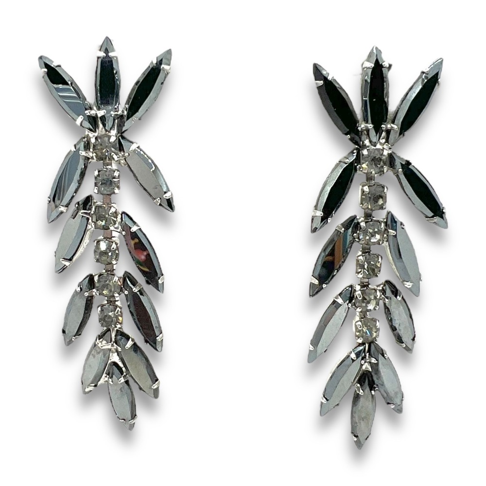 BOOK PIECE “Juliana” D&E Hematite Navette Dangle Clip Earrings Delizza & Elster
