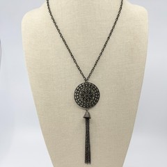 Vintage Gunmetal Gray Filigree Medallion Tassel Pendant Necklace