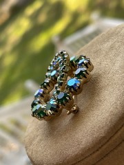 Vintage AB Green Blue Crystals Rhinestones Brooch 2 Circles Wreaths
