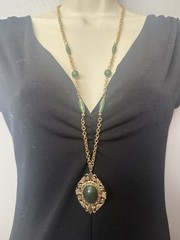 Vintage Green Lucite Faux Jade Filigree Pendant Long Brass Chain Bead Necklace
