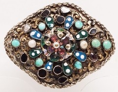Antique 1890’s Austro Hungarian Almandine Garnet, Enamel, Turquoise Pearl Brooch