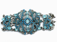 VCLM Victorian Filigree Silver Turquoise Crystal Wide Statement Bracelet