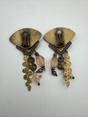 Vintage Earrings Clip on Dangle Copper Brass Garnet Sun Chandelier