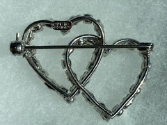 Vtg Silver Tone Double Heart White Austrain Round Baguette Crystal Pin Brooch