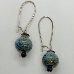 Vtg Boho Blue Speckled Pottery Bead Drop Hoop Wire Dangle Earrings