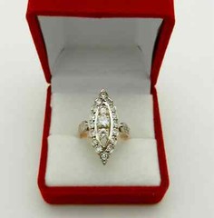 Vintage Solid 14k 585 Rose & White Gold Cluster Diamonds Navette Ring size 5.5