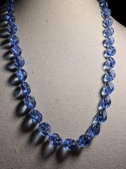 RARE ART DECO CZECH PRESSED GLASS BEAD NECKLACE C.1920 26” BLUE SWIRL
