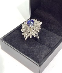 18K White Gold 5.90ctw Oval Blue Sapphire & Tapered Baguette Diamond Ring