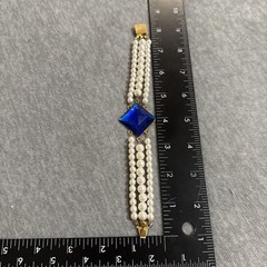 VTG 3 Strand Golden Faux Pearls Art Deco Style Blue Rhinestone Classic Elegant