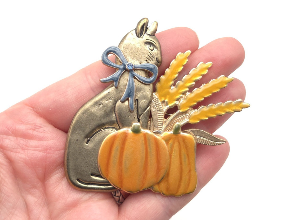 Vintage KC Kenneth Cole Fashion Enamel Cat Pumpkins Autumn Fall Brooch Pin