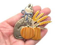 Vintage KC Kenneth Cole Fashion Enamel Cat Pumpkins Autumn Fall Brooch Pin